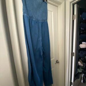 Fashion Nova Blue Satin Jumpsuit with Wide-Leg Design